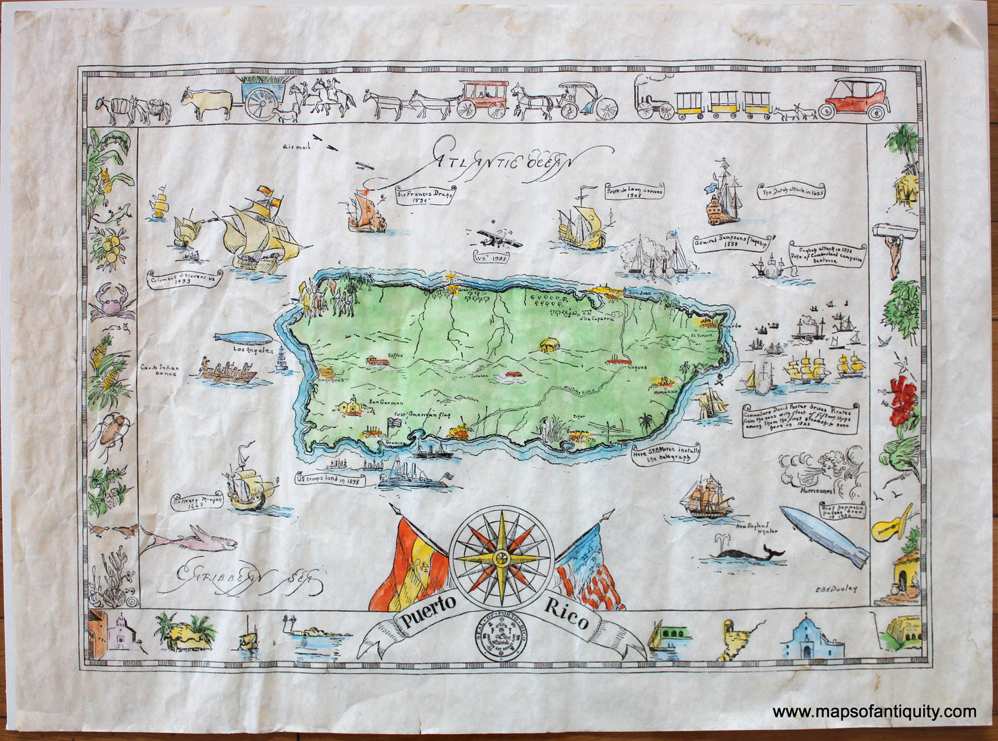 Antique-Map-Puerto-Rico-Dooley-Pictorial-Tourist-1931-1930s-1900s-20th-century-Maps-of-Antiquity