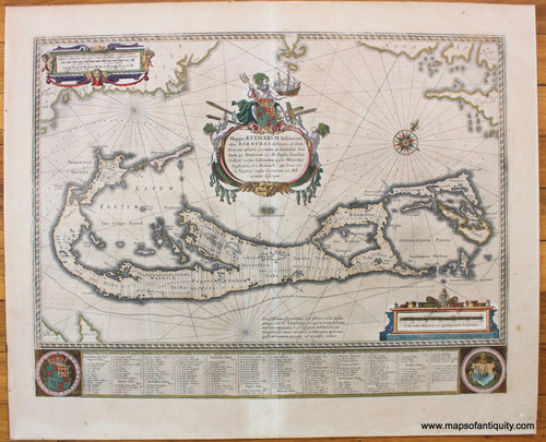 Antique-Hand-Colored-Map-Mappa-Aestivarum-Insularum-Alias-Barmudas-c.-1635-Blaeu-Caribbean-1600s-17th-century-Maps-of-Antiquity