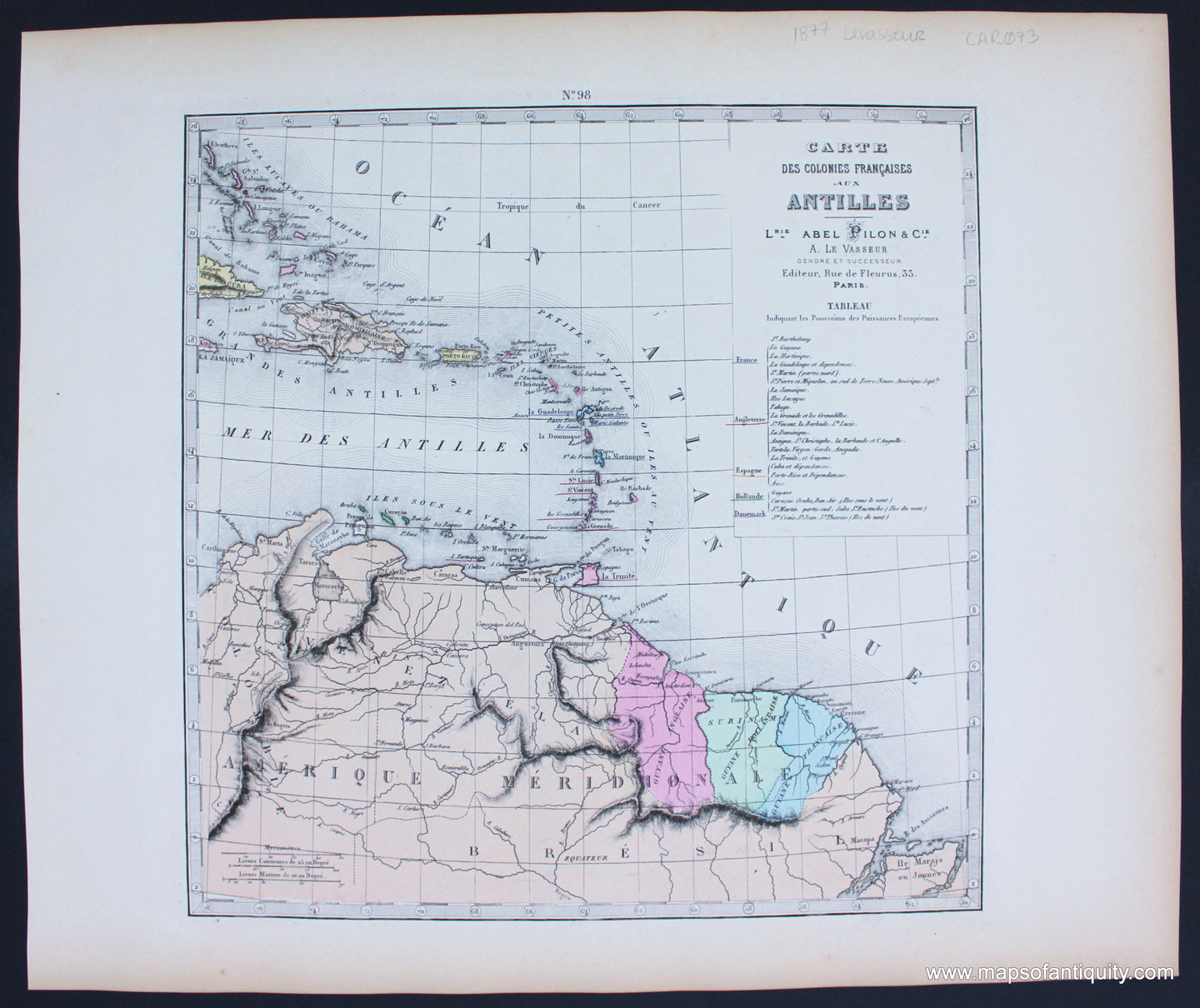 Antique-Hand-Colored-Map-Carte-des-Colonies-Francaise-aux-Antilles-Caribbean-1877-Levasseur-1800s-19th-century-Maps-of-Antiquity