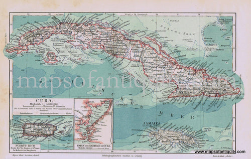 Antique-Printed-Color-Map-Cuba-1903-Meyers-Caribbean-1800s-19th-century-Maps-of-Antiquity