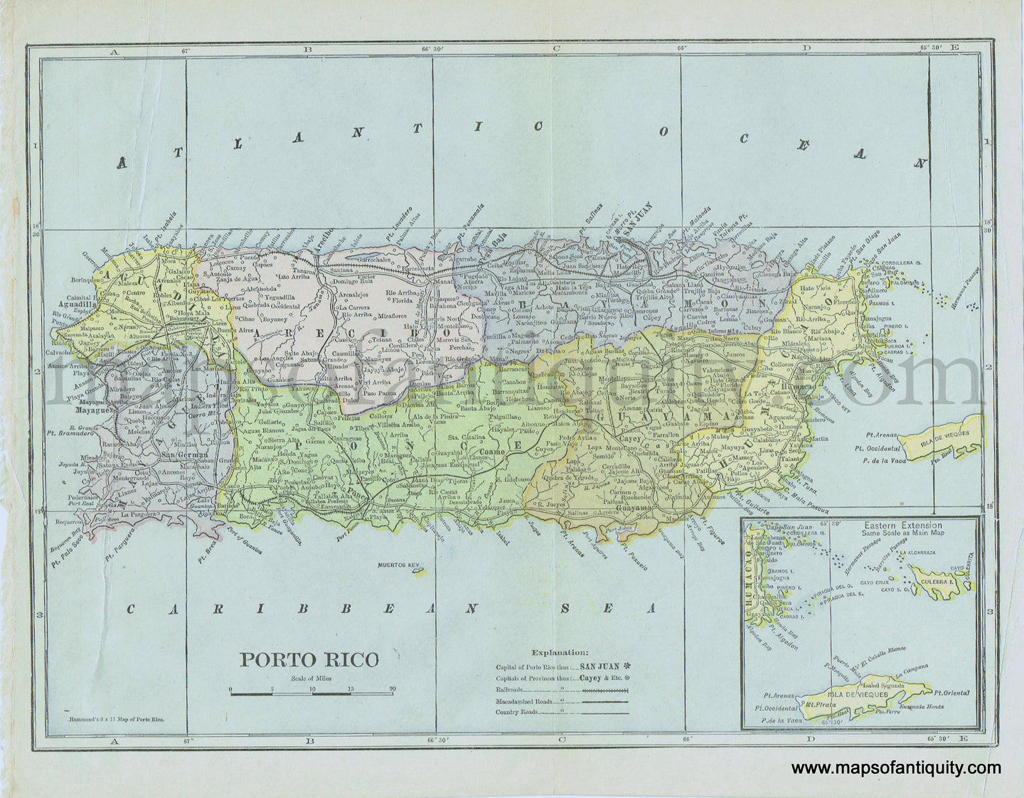 Antique-Printed-Color-Map-Puerto-Rico-Porto-Rico-Hammond-Caribbean-1800s-19th-century-Maps-of-Antiquity