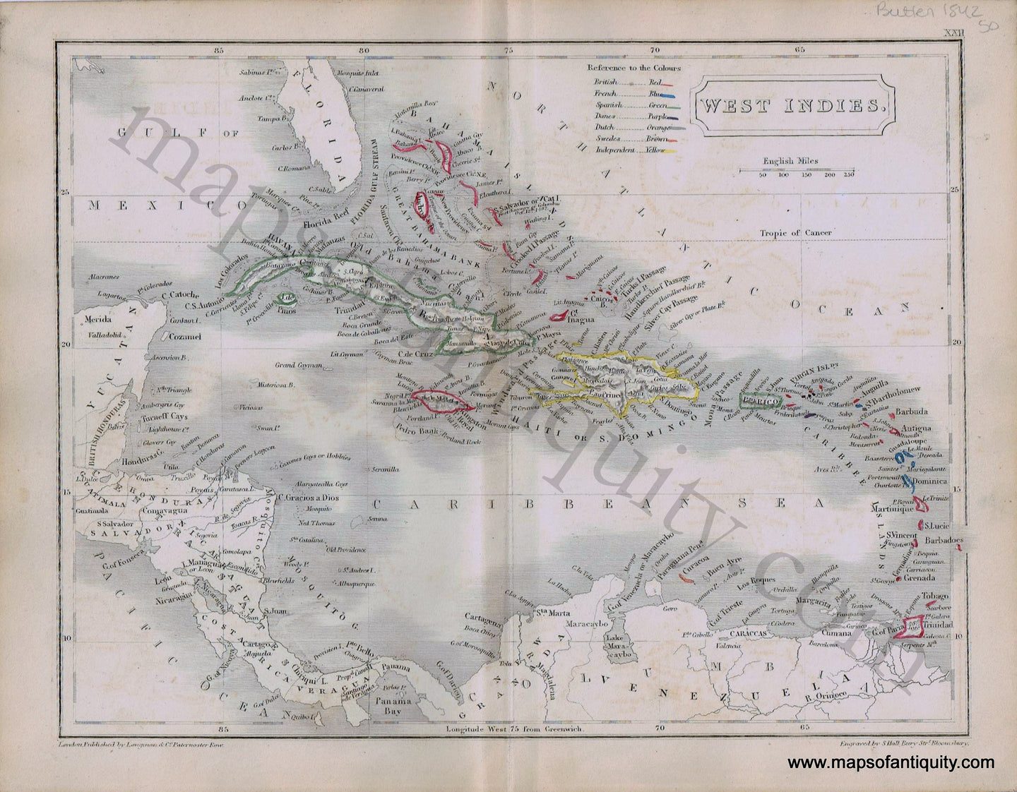 Antique-Hand-Colored-Map-West-Indies.-1842-Butler-1800s-19th-century-Maps-of-Antiquity