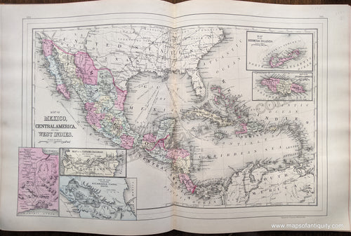 Antique-Hand-Colored-Map-Double-sided-sheet-with-multiple-maps:-Centerfold---Map-of-Mexico-Central-America-and-the-West-Indies;-versos:-North-Western-America-showing-the-Territory-Ceded-by-Russia-to-the-United-States-/-Cuba-Caribbean--1884-Mitchell-Maps-Of-Antiquity-1800s-19th-century