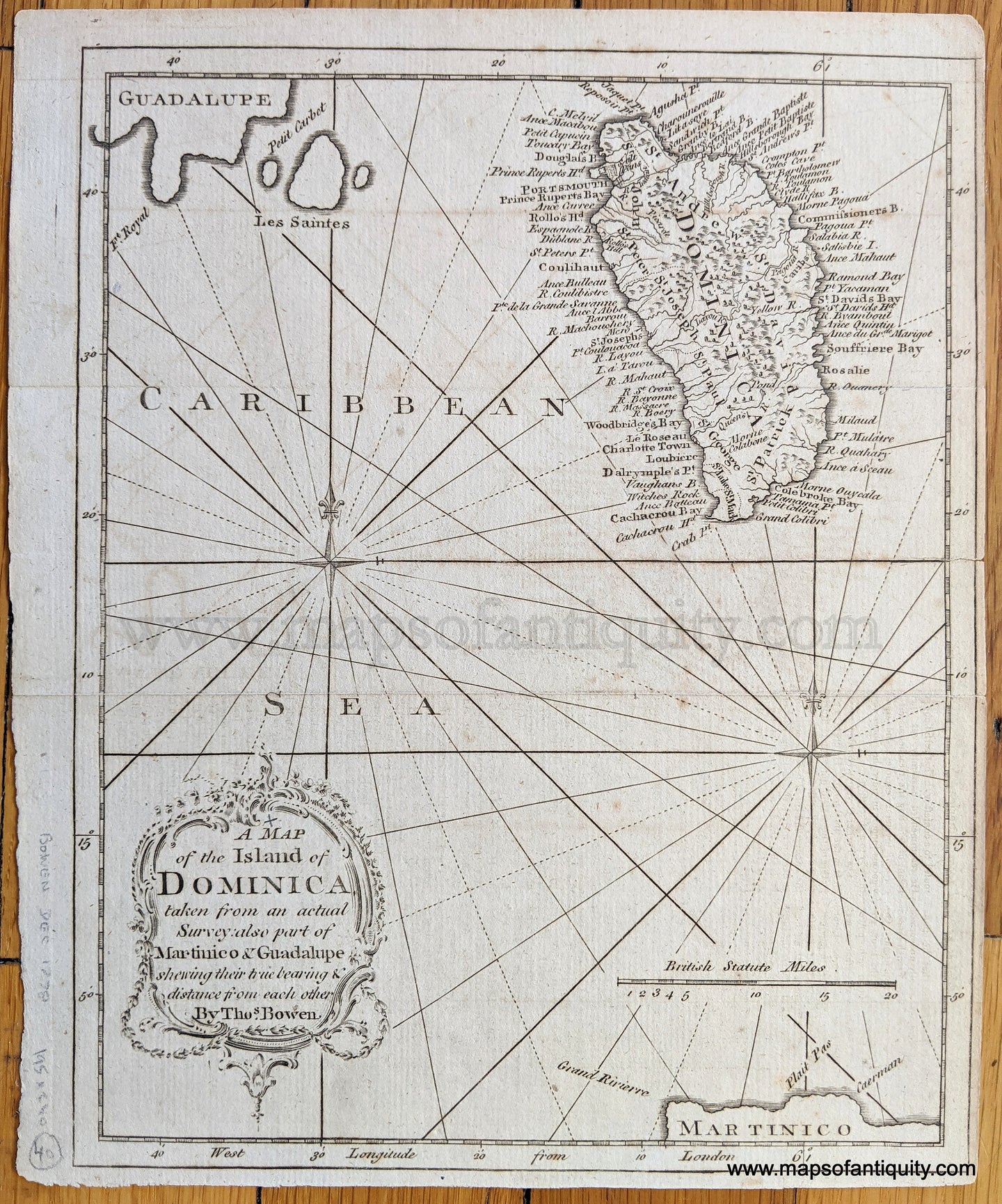 Genuine-Antique-Map-A-Map-of-the-Island-of-Dominica-taken-from-an-actual-Survey:-also-part-of-Martinico-&-Guadalupe-shewing-their-true-bearing-&-distance-from-each-other.-Caribbean--1778-Thomas-Bowen-Maps-Of-Antiquity-1800s-19th-century