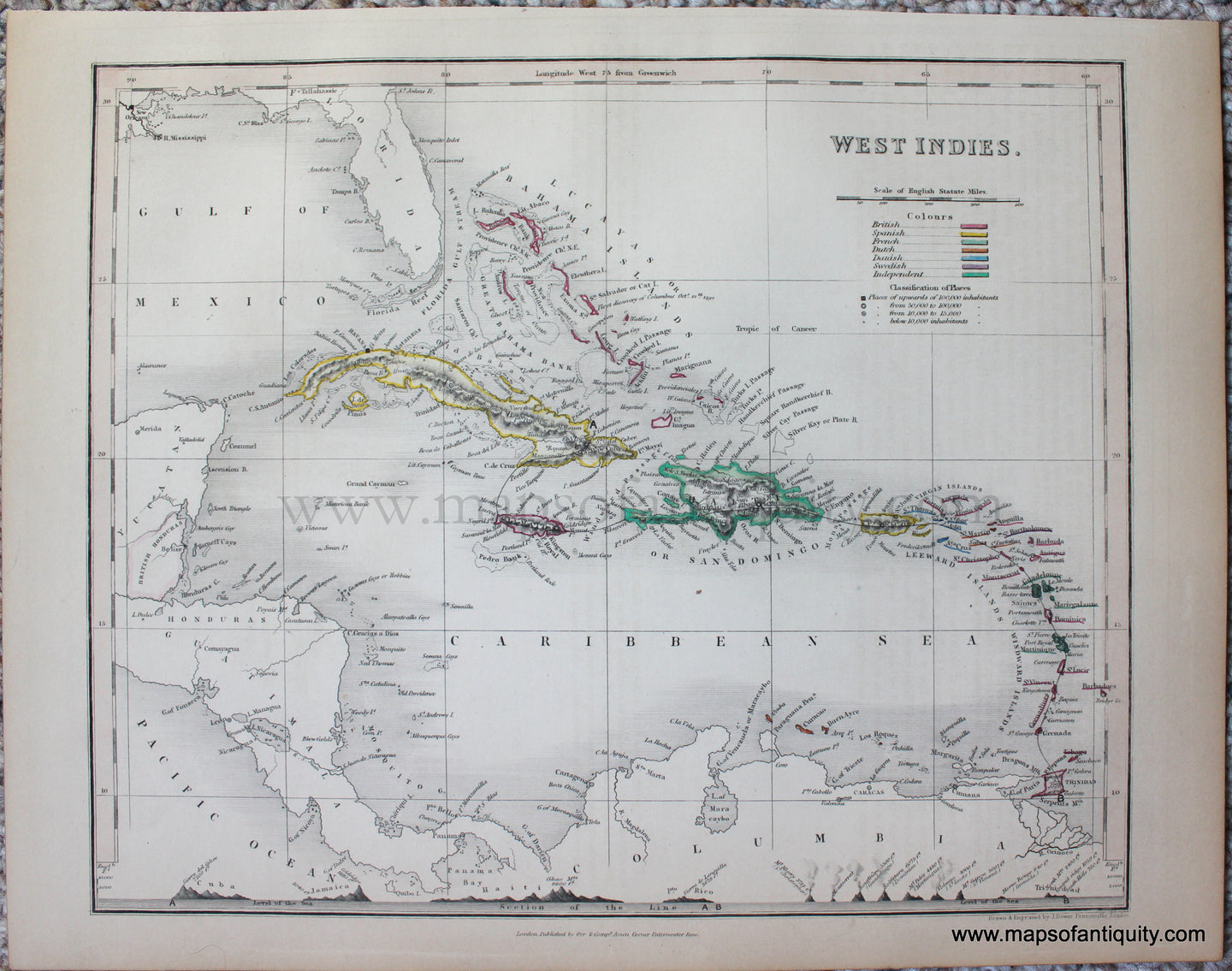 Genuine-Antique-Map-West-Indies-Caribbean--1850-Petermann-/-Orr-/-Dower-Maps-Of-Antiquity-1800s-19th-century