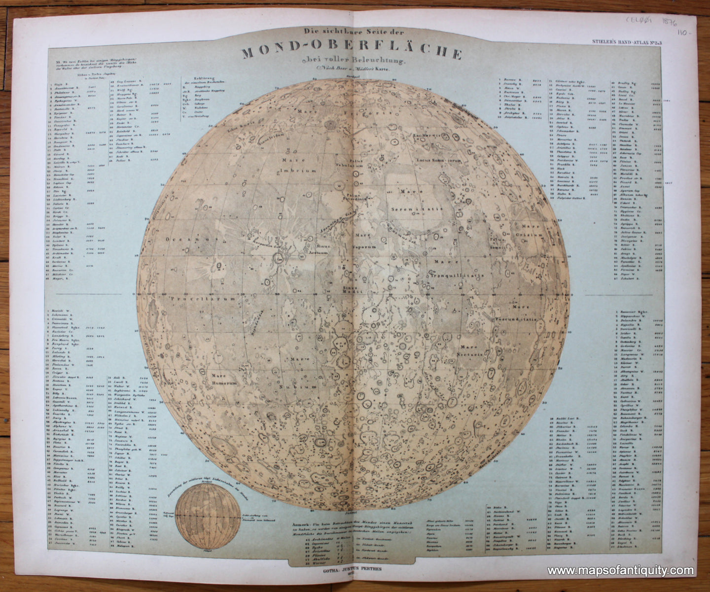 Antique-Map-Die-Sichtbare-Seite-der-Mond-Oberflache-bei-voller-Beleuchtung-Moon-Craters-Stieler-1876-1870s-1800s-19th-century-Maps-of-Antiquity