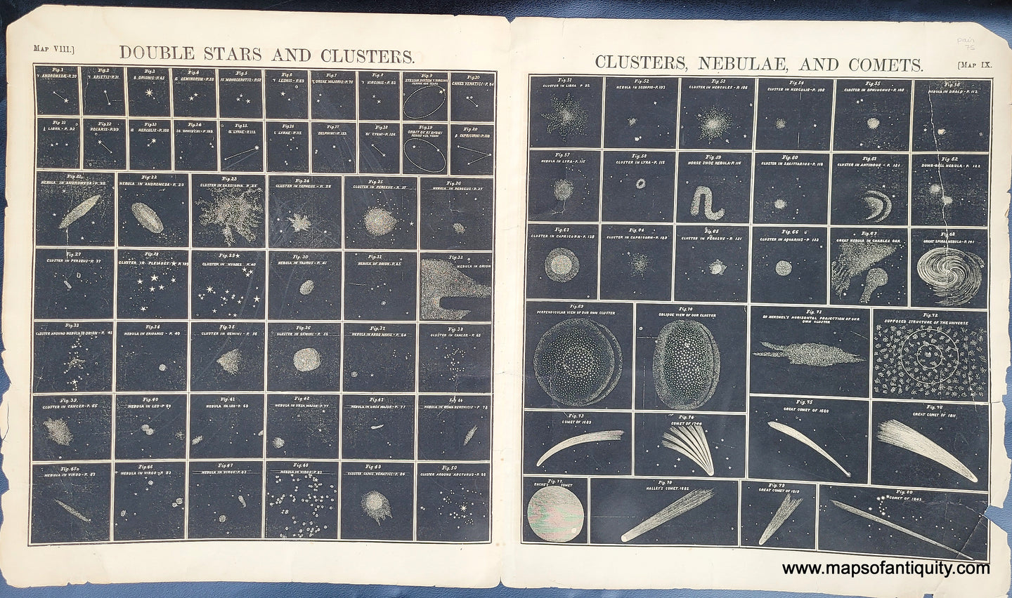 Black-and-White-Antique-Illustration-Double-Stars-and-Clusters-Clusters-Nebulae-and-Comets--Celestial--1856-Burritt-Maps-Of-Antiquity