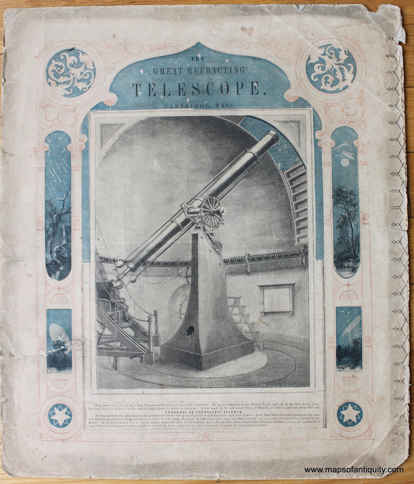 The Great Refracting Telescope of Harvard Antique Print of a huge telescope in an observatory in 1835 from Burritt's Atlas of the Heavens
