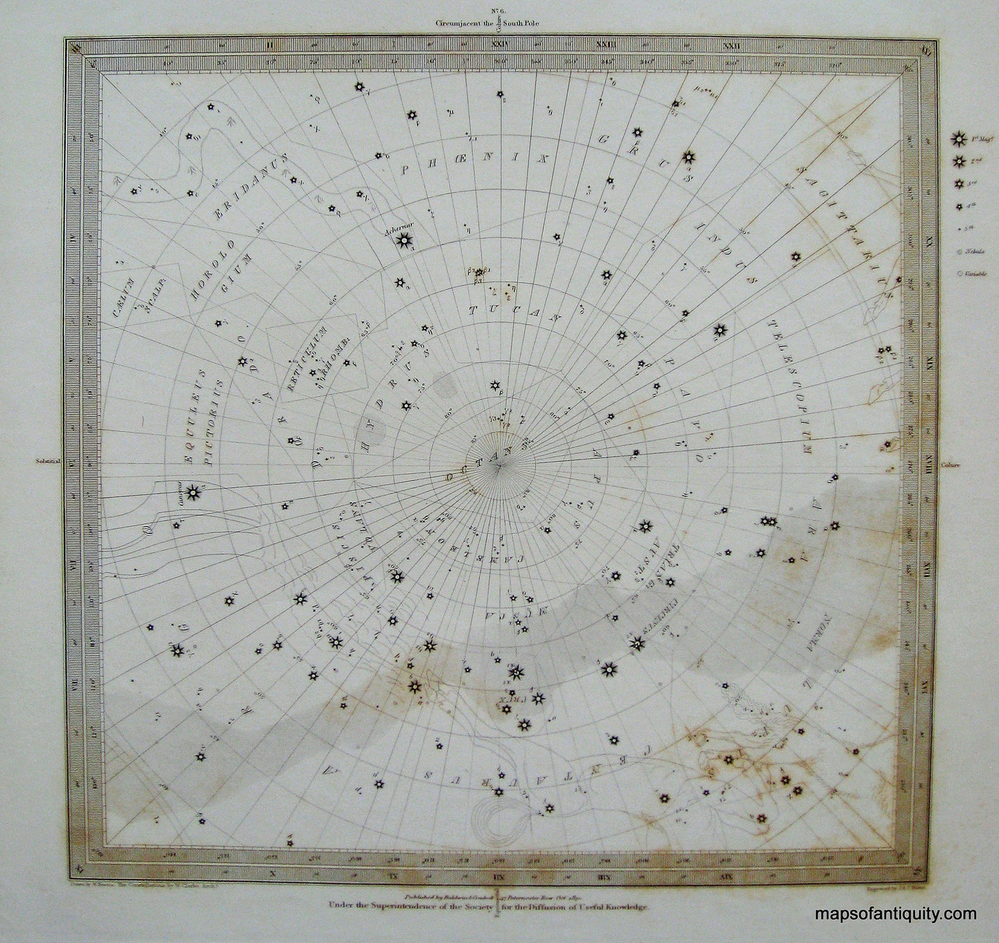 Antique-Engraving-Celestial-Map-No.-6-featuring-Centaurus-Lupus-Hydrus-Circumjacent-the-South-Pole**********-Celestial--1832-SDUK/-Society-for-the-Diffusion-of-Useful-Knowledge-Maps-Of-Antiquity