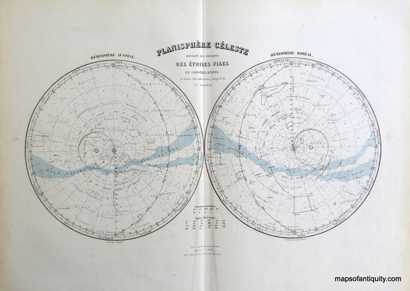 Antique-Hand-Colored-Map-Planisphere-Celeste-Hemisphere-Austral-Hemisphere-Boreal****-Celestial--1884-Migeon-Maps-Of-Antiquity