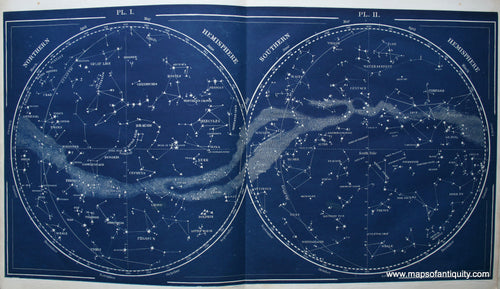Antique-Printed-Color-Celestial-Map-Plates-I-&-II-Northern-and-Southern-Hemispheres-**********-Celestial--1846-Butler-Maps-Of-Antiquity