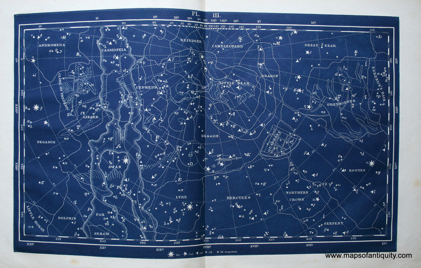 Antique-Printed-Color-Celestial-Map-Plate-III-with-Cassiopeia-and-Andromeda-Constellations-**********-Celestial--1846-Butler-Maps-Of-Antiquity
