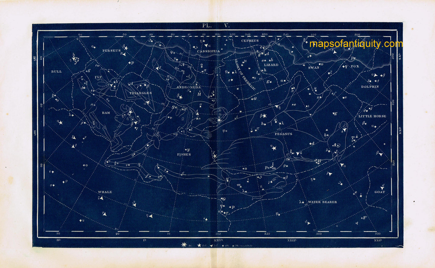 Antique-Printed-Color-Celestial-Map-Plate-V-with-Pegasus-Constellations-**********-Celestial--1846-Butler-Maps-Of-Antiquity
