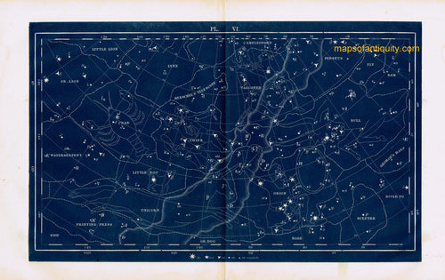 Antique-Printed-Color-Celestial-Map-Plate-VI-with-Orion-and-Herschel's-Telescope-Constellations-****-Celestial--1846-Butler-Maps-Of-Antiquity