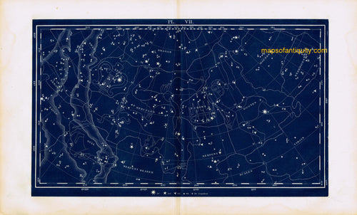 Antique-Printed-Color-Celestial-Map-Plate-VII-with-Hercules-and-the-North-Crown-Constellations-**********-Celestial--1846-Butler-Maps-Of-Antiquity