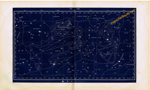 Antique-Printed-Color-Celestial-Map-Plate-VIII-with-the-Great-Lion-and-the-Virgin-Constellations-**********-Celestial--1846-Butler-Maps-Of-Antiquity