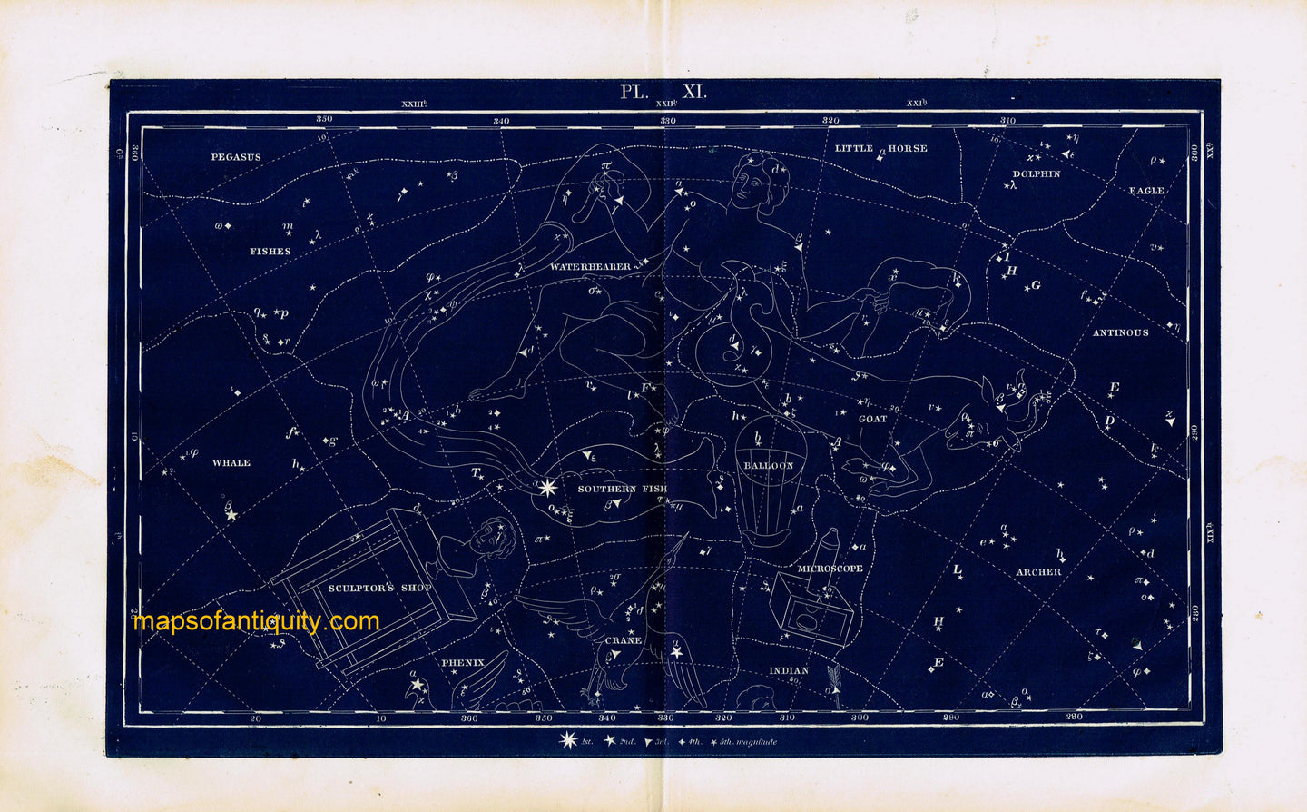 Antique-Printed-Color-Celestial-Map-Plate-XI-with-the-Waterbearer-and-the-Goat-Constellations-**********-Celestial--1846-Butler-Maps-Of-Antiquity