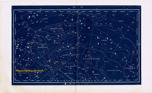 Antique-Printed-Color-Celestial-Map-Plate-XII-with-the-Whale-and-George's-Harp-Constellations-Celestial--1846-Butler-Maps-Of-Antiquity