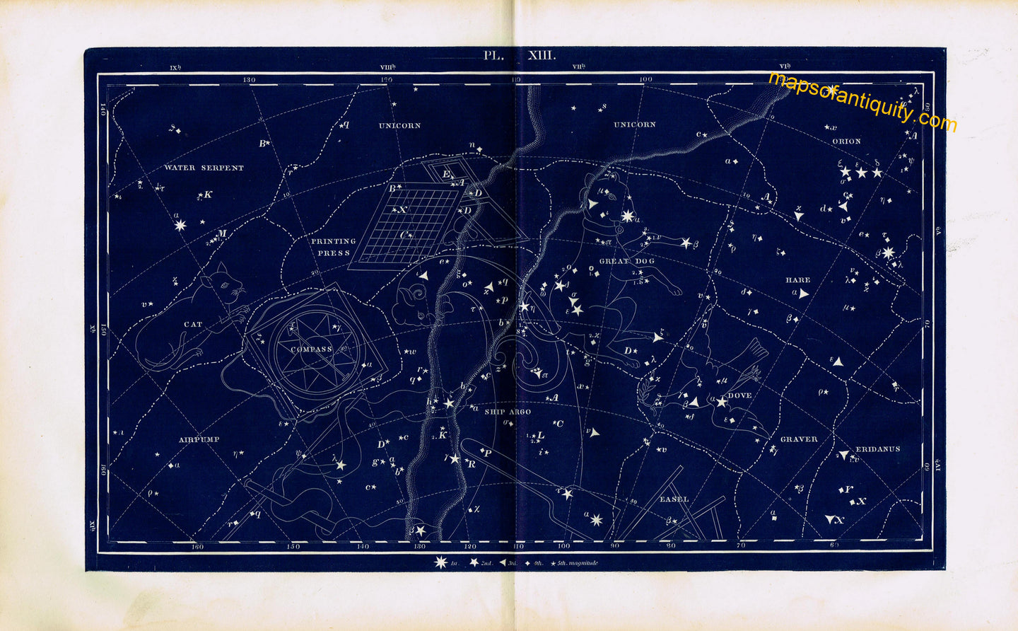 Antique-Printed-Color-Celestial-Map-Plate-XIII-with-the-Cat-and-the-Great-Dog-Constellations-**********-Celestial--1846-Butler-Maps-Of-Antiquity