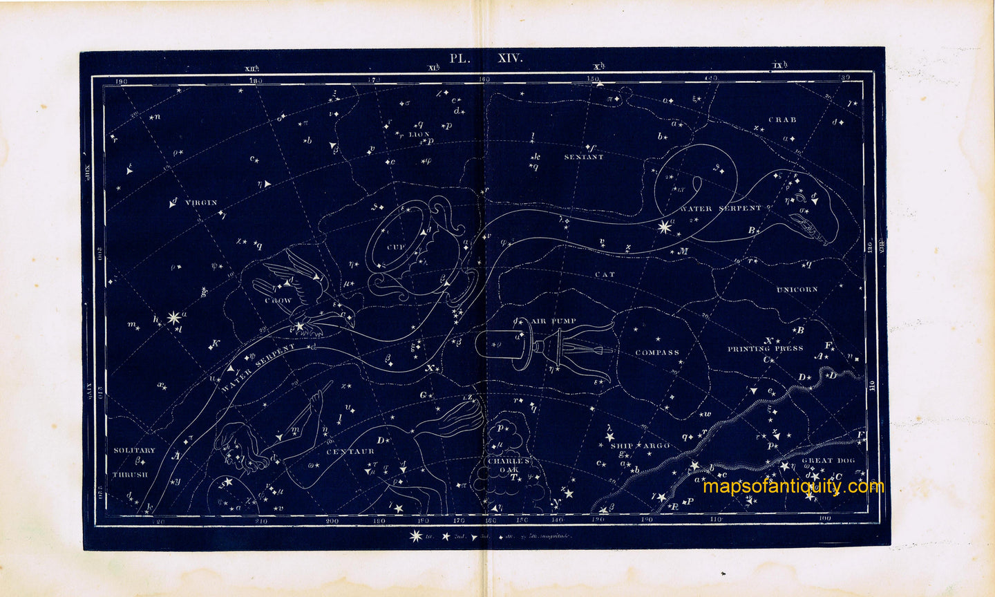 Antique-Printed-Color-Celestial-Map-Plate-XIV-with-the-Water-Serpent-and-the-Centaur-Constellations-******-Celestial--1846-Butler-Maps-Of-Antiquity