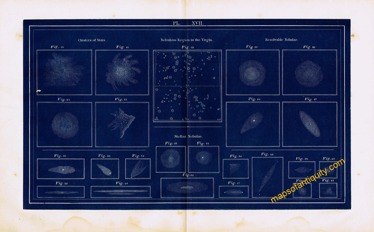Antique-Printed-Color-Celestial-Map-Plate-XVII-with-Star-Clusters-Stellar-Nebulae-Resolvable-Nebulae-and-the-Nebulous-Region-in-the-Virgin-**********-Celestial--1846-Butler-Maps-Of-Antiquity