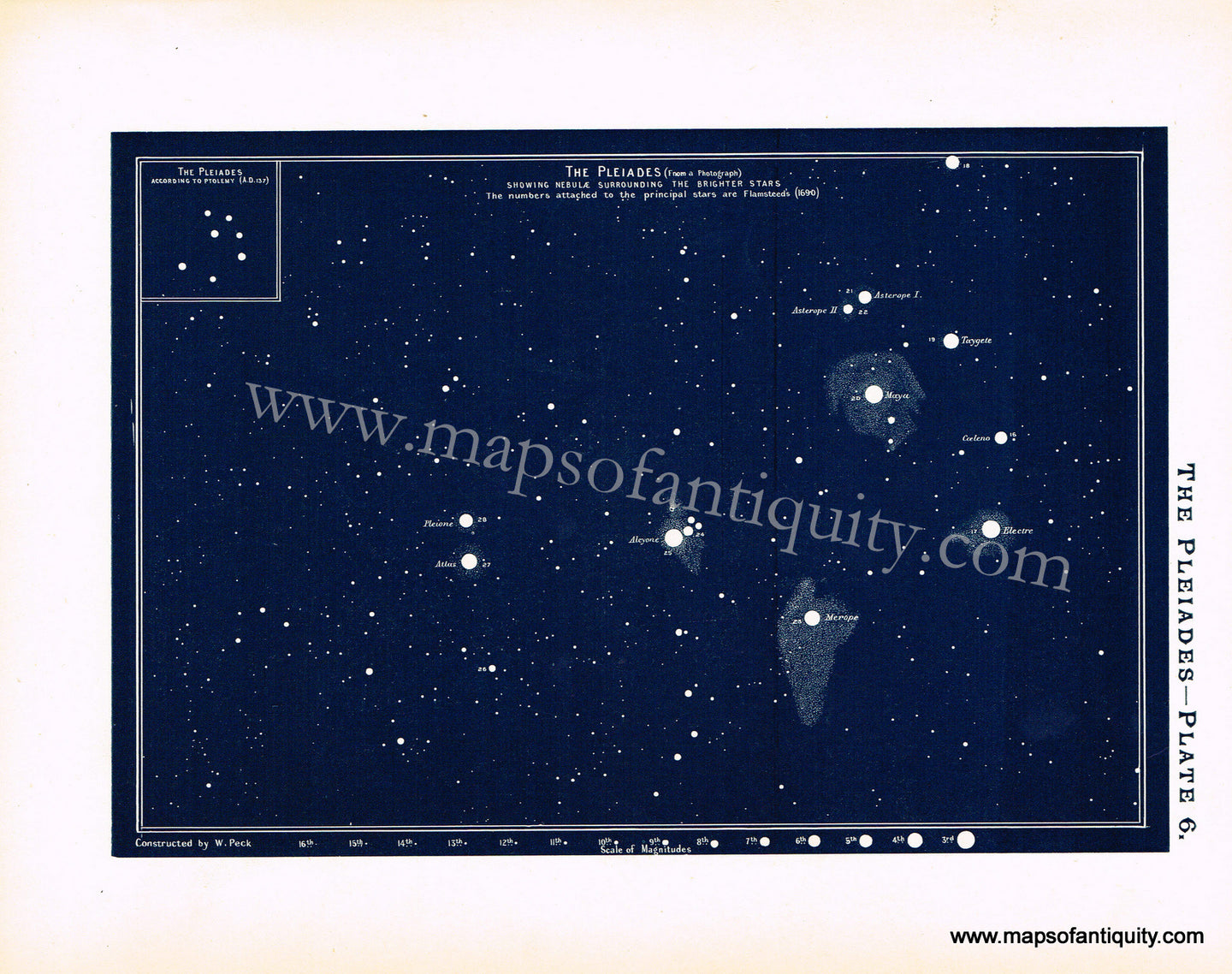 Antique-Printed-Color-Celestial-Map-The-Pleiades----Plate-6.-**********-Celestial--1890-W.-Peck-Maps-Of-Antiquity