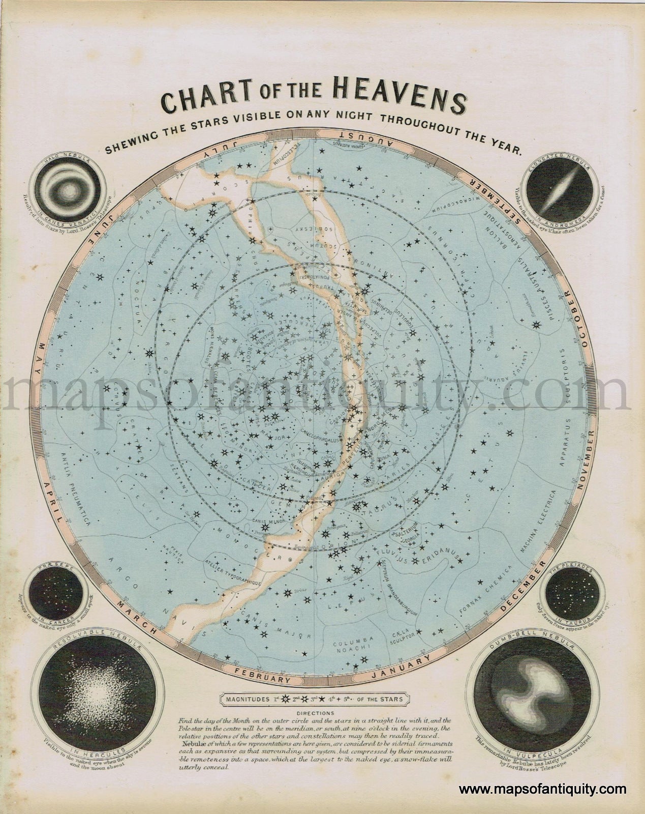 Antique-Map-Chart-Charts-of-the-Heavens-Shewing-the-Stars-Visible-on-Any-Night-Throughout-The-Year-Celestial-Constellation-Constellations-Star-Dower-1840s-1800s-Mid-19th-Century-Maps-of-Antiquity