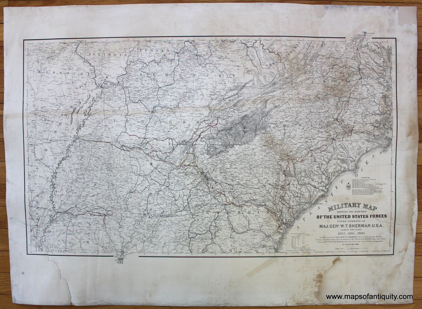 Antique-Map-Military-Map-Showing-the-Marches-of-the-United-States-Forces-under-the-Command-of-Maj.-Gen.-W.T.-Sherman-U.S.A.-during-the-years-1863-1864-1865-Kossak-US-War-Dept-Civil-War