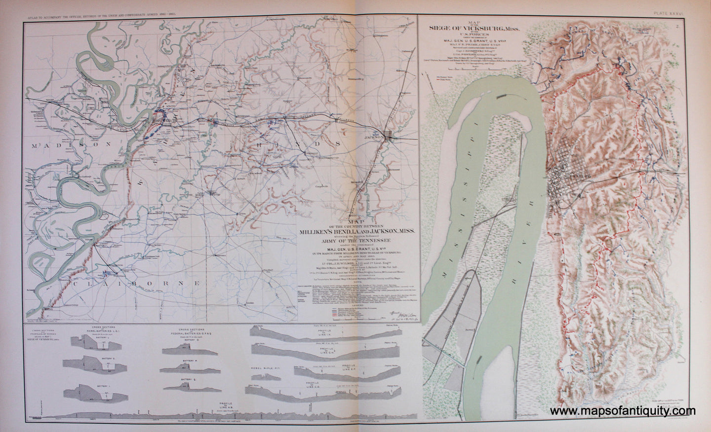 Antique-Colored-Printed-Map-Milliken's-Bend-LA-Jackson-Miss.-And-Siege-of-Vicksburg-Miss.-**********-Civil-War--1895-Bien-Maps-Of-Antiquity