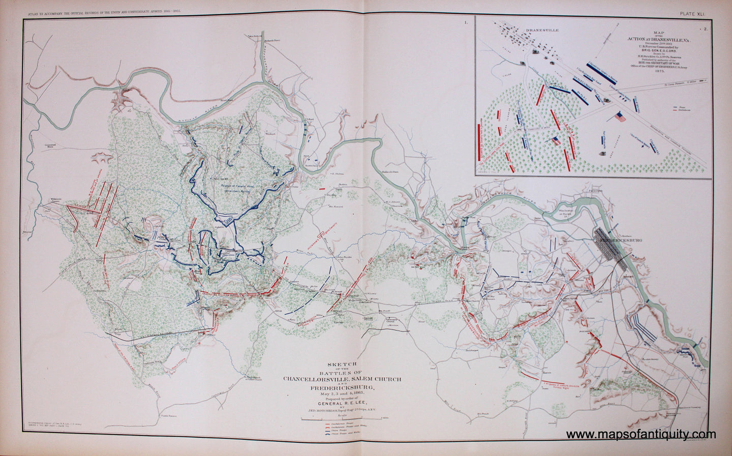Antique-Colored-Printed-Map-Chancellorsville-Salem-Church-Fredericksburg-and-Dranesville-VA-**********-Civil-War--1895-Bien-Maps-Of-Antiquity