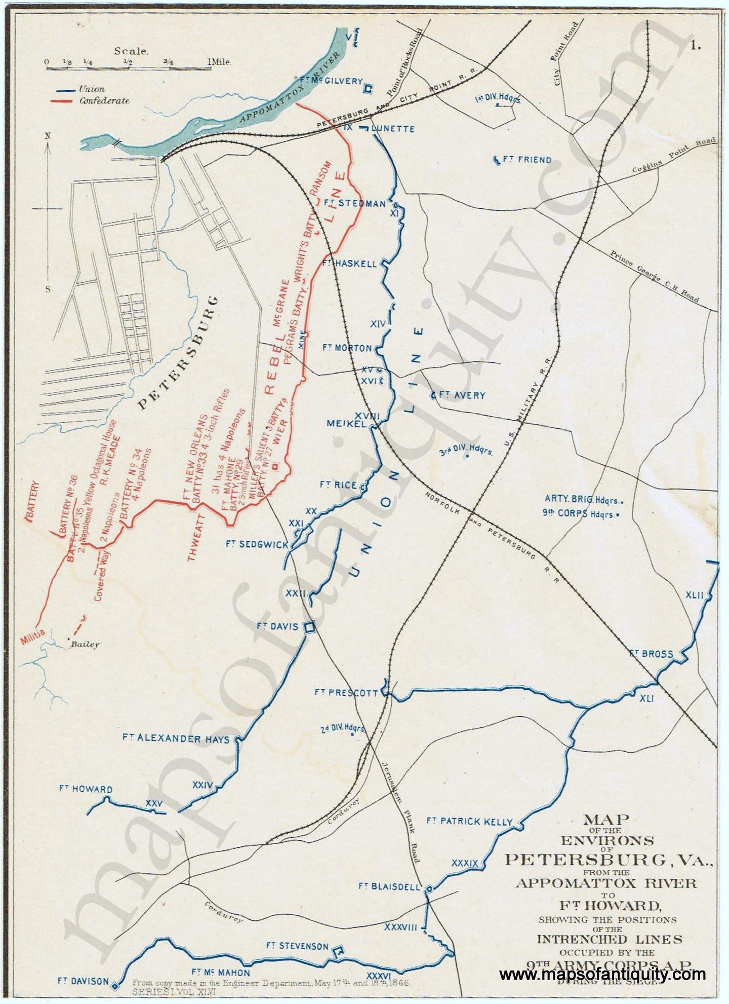 Antique-Printed-Color-Map-Map-of-the-Environs-of-Petersburg-VA.-from-the-Appomattox-River-to-Ft.-Howard-Showing-the-Positions-of-the-Intrenched-Lines-Occupied-by-the-9th-Army-Corps-A.P.-During-the-Siege.-******-United-States-Military-Maps-and-Views-Mid-Atlantic-Civil-War-1891-Bien-Maps-Of-Antiquity