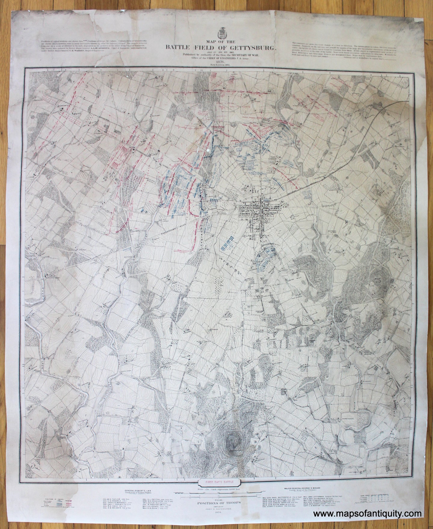 Set-of-3-Antique-Printed-Color-Maps-Map-of-the-Battle-Field-of-Gettysburg.-July-1st-2nd-3rd-1863.-1883-US-Army-Engineers-Civil-War-1800s-19th-century-Maps-of-Antiquity