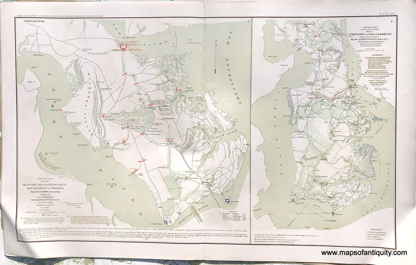 Antique-Lithograph-Print-Plate-18.-Military-Reconnaissance-Department-of-Virginia-(sheet-No.1)-/-Yorktown-to-Williamsburg-September-1862-1892-US-War-Dept.-Civil-War-Civil-War-1800s-19th-century-Maps-of-Antiquity