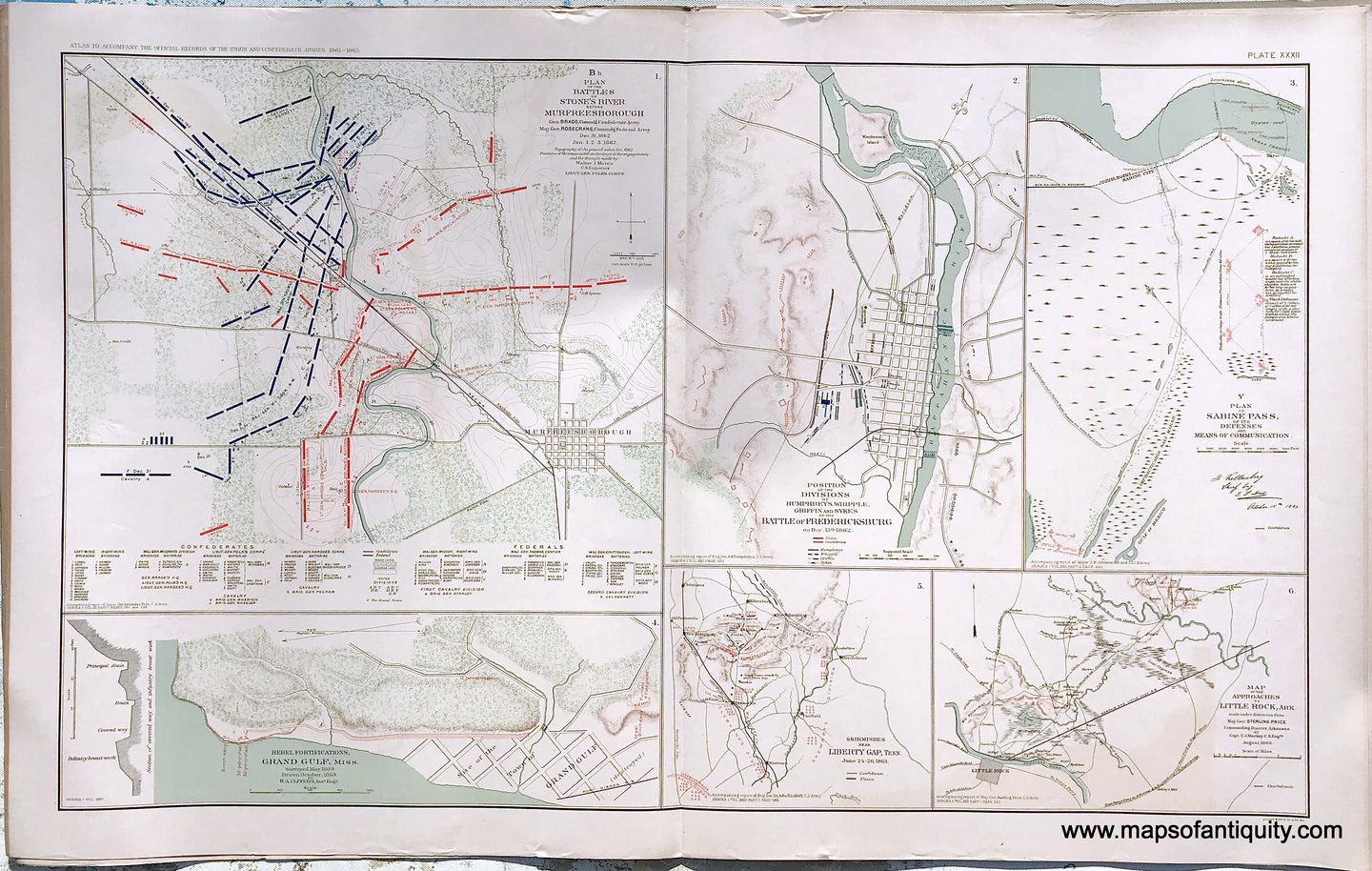 Antique-Lithograph-Print-Plate-32.-6-maps:-Battle-of-Stones-River-before-Murfreesborough-TN-/-Battle-of-Fredericksburg-/-Plan-of-Sabine-Pass-1863-/-Rebel-Fortifications-of-Grand-Gulf-MS-/-Skirmishes-near-Liberty-Gap-TN-/-Approaches-to-Little-Rock-AR.-1892-US-War-Dept.-Civil-War-Civil-War-1800s-19th-century-Maps-of-Antiquity