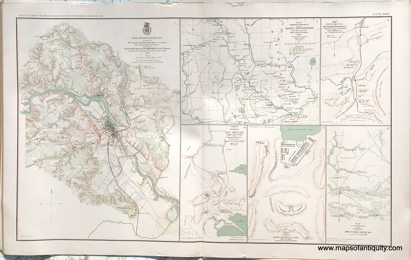 Antique-Lithograph-Print-Plate-33.-Fredericksburg-prepared-by-Bvt.-Brig.-Gen.-Michler-1867-/-Sioux-Expedition-1863-plus-4-smaller-maps.Ãƒâ€šÃ‚Â -1892-US-War-Dept.-Civil-War-Civil-War-1800s-19th-century-Maps-of-Antiquity