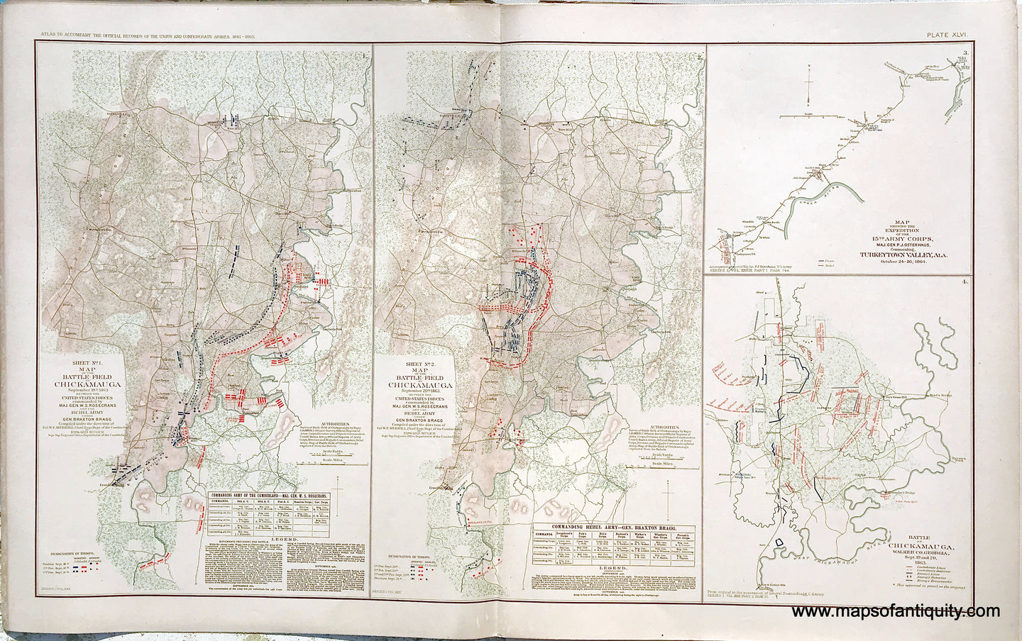 Antique-Lithograph-Print-Plate-46.-Battle-Field-at-Chickamauga-September-19th-1863-(sheet-No.1)-/-Battle-Field-of-Chickamauga-September-20th-1863-(sheet-No.2)-/-Turkeytown-Valley-Ala.-October-24-26-1864-/-Battle-of-Chickamauga-September-19-and-20-1863.-1892-US-War-Dept.-Civil-War-Civil-War-1800s-19th-century-Maps-of-Antiquity