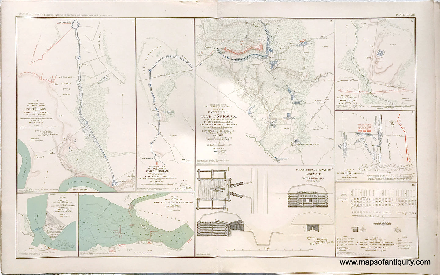 Antique-Lithograph-Print-Plate-68.-Battle-plans-defensive-lines-and-general-plans-of-Fort-Burnham-VA-Five-Forks-VA-Cobb's-Hill-VA-Bentonville-NC-and-Gravelly-Springs-AL.-1893-US-War-Dept.-Civil-War-Civil-War-1800s-19th-century-Maps-of-Antiquity