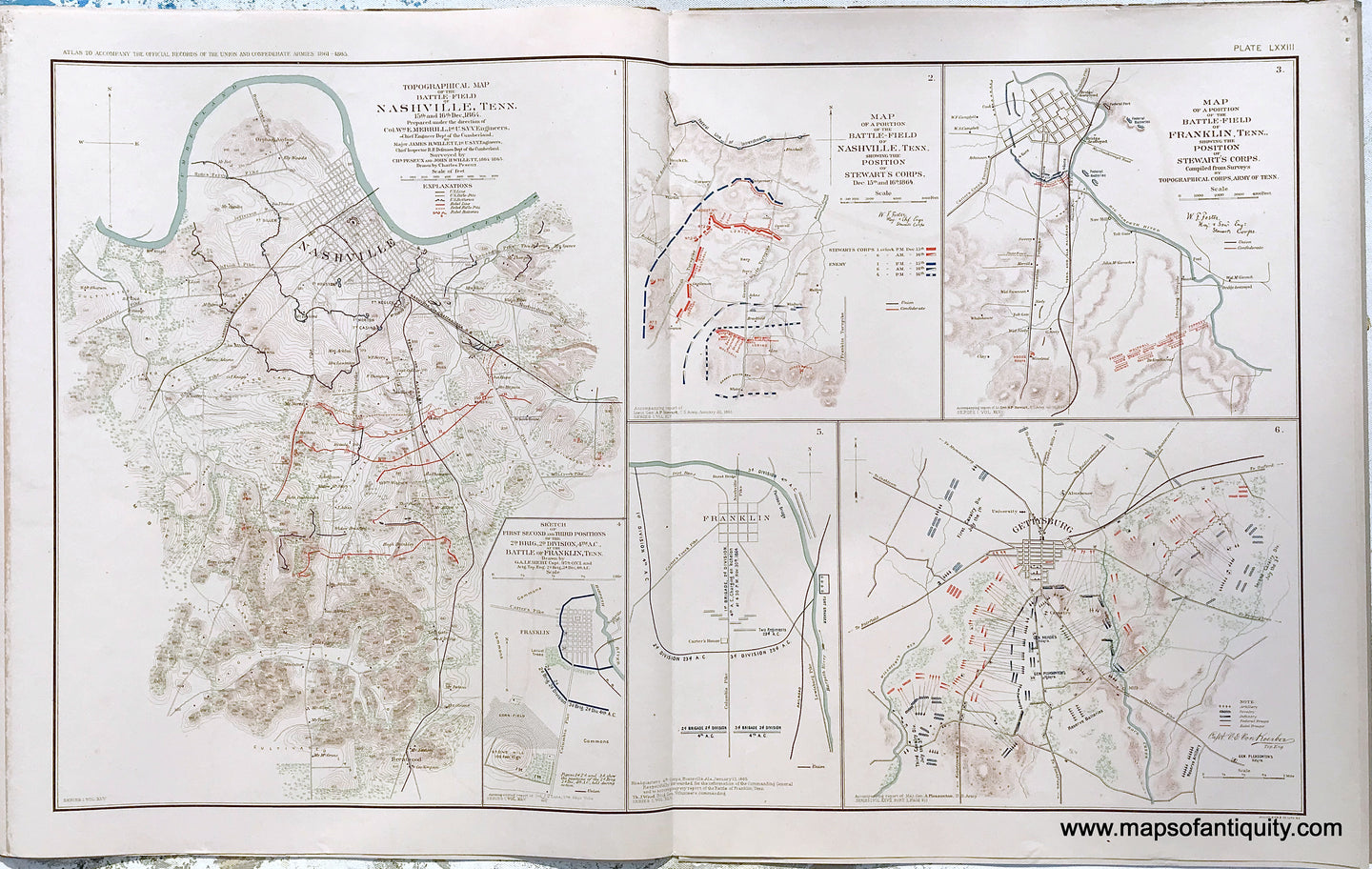 Antique-Lithograph-Print-Plate-73.-Battle-Field-of-Nashville-Tenn.-15th-and-16th-December-1864-/-Battle-Field-of-Nashville-Tenn.-showing-the-positions-of-Stewart's-Corps-December-15th-and-16th-1864-/-Battle-Field-of-Franklin-Tenn.-/-two-small-maps-of-Franklin-Tenn.-/-Gettysburg.-1893-US-War-Dept.-Civil-War-Civil-War-1800s-19th-century-Maps-of-Antiquity