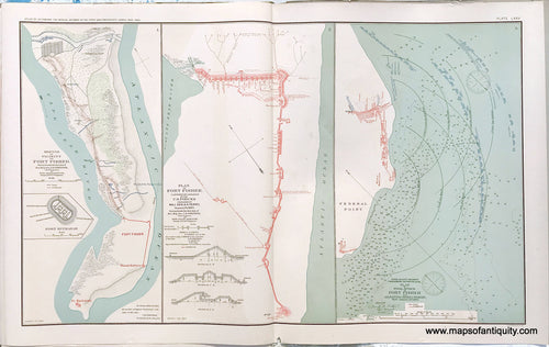 Antique-Lithograph-Print-Plate-75.-Sketch-of-vicinity-of-Fort-Fisher-with-inset-of-Fort-Buchanan/-Plan-of-Fort-Fisher-January-15-1865-/-Plan-of-Final-Attack-on-Fort-Fisher-and-Adjoining-Rebel-Works-January-15th-1865.-1893-US-War-Dept.-Civil-War-Civil-War-1800s-19th-century-Maps-of-Antiquity