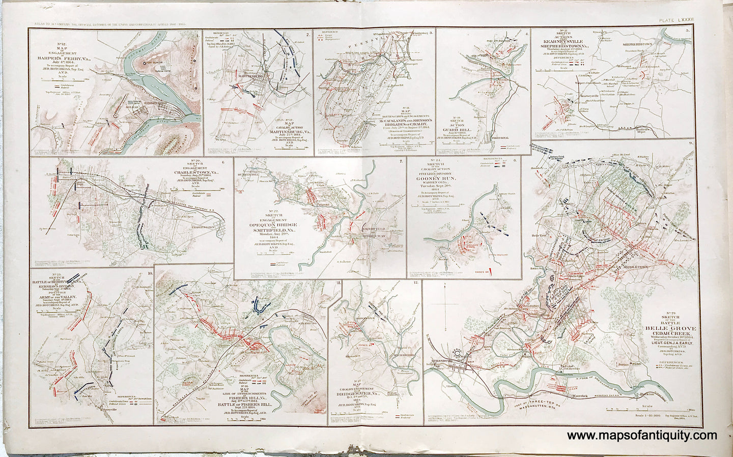 Antique-Lithograph-Print-Plate-82.-Engagement-at-Harper's-Ferry-Va.-July-4th-1864-/-Battle-of-Belle-Grove-or-Cedar-Creek-Wednesday-October-19th-1864-plus-10-smaller-maps.-1893-US-War-Dept.-Civil-War-Civil-War-1800s-19th-century-Maps-of-Antiquity