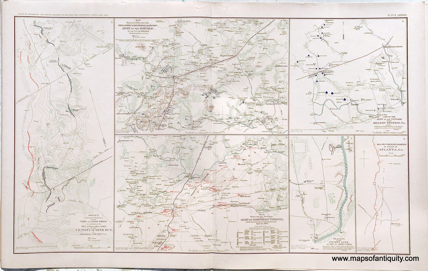 Antique-Lithograph-Print-Plate-87.-Vicinity-of-Mine-Run-in-Orange-County-Va.-30th-of-November-1863-/-Picket-Line-of-the-First-and-Third-Cavalry-Divisions-Cavalry-Corps-Army-of-the-Potomac-/-Position-of-the-Army-of-Northern-Virginia-April-13-1864-/-Camp-near-Brandy-Station-Va..-plus-2-smaller-maps.-1893-US-War-Dept.-Civil-War-Civil-War-1800s-19th-century-Maps-of-Antiquity