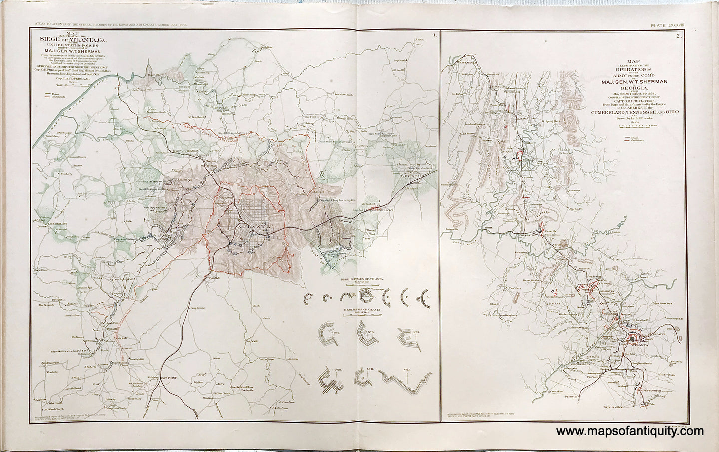 Antique-Lithograph-Print-Plate-88.-Siege-of-Atlanta-Ga.-in-the-United-States-Forces-under-command-of-Major-Gen.-W.T.-Sherman-from-the-passage-of-Peach-Tree-Creek-July-19th-1864-/-Operations-of-the-Army-under-the-command-of-Major-Gen.-W.T.-Sherman-in-Georgia-from-May-5th-1864-to-September-4th-1864.-1893-US-War-Dept.-Civil-War-Civil-War-1800s-19th-century-Maps-of-Antiquity