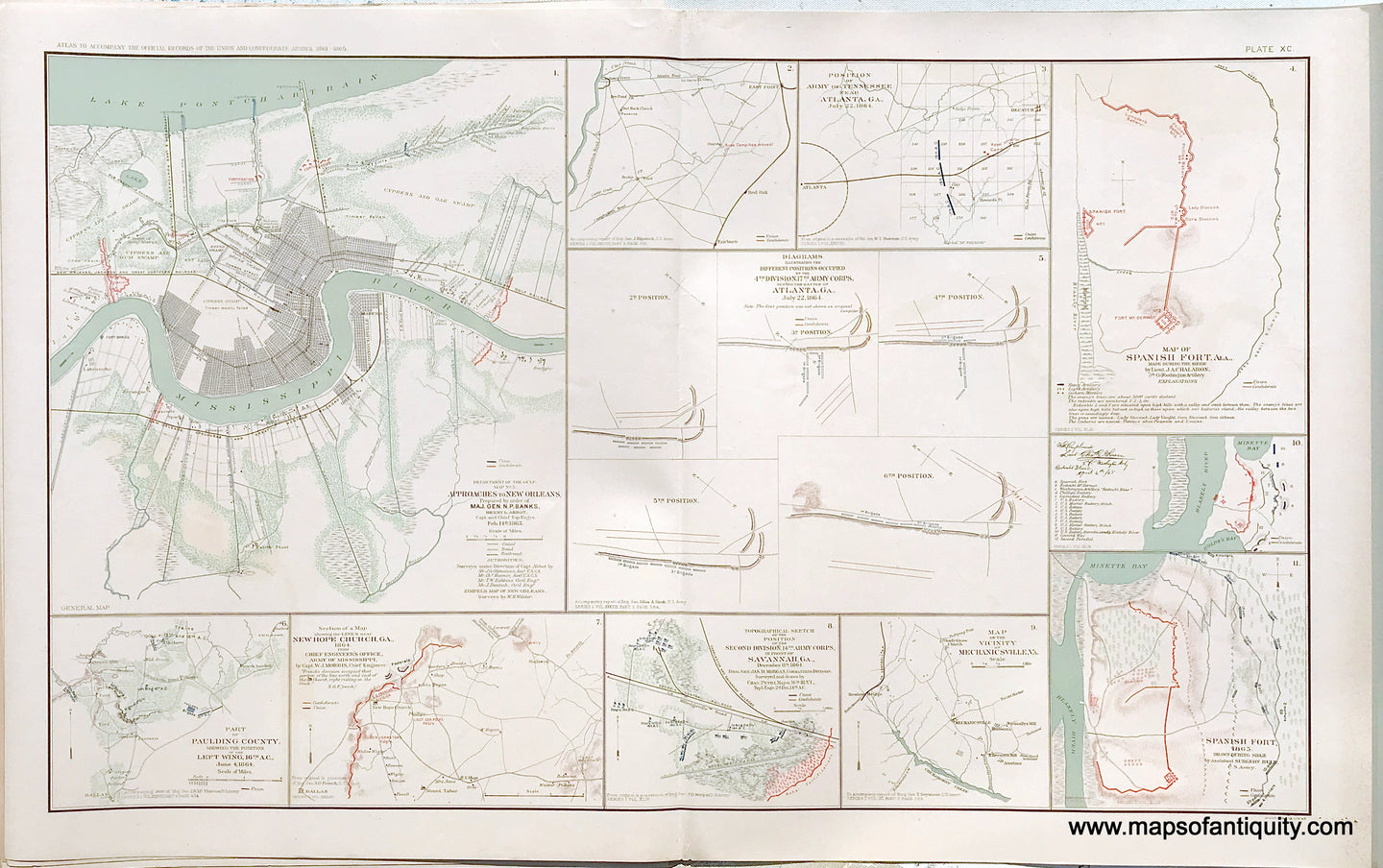 Antique-Lithograph-Print-Plate-90.-Approaches-to-New-Orleans-February-14th-1863-/-Positions-occupied-by-the-4th-Division--17th-Army-Corps.-during-Battle-of-Atlanta-Ga.-July-22nd-1864-/-plus-9-small-maps.-1893-US-War-Dept.-Civil-War-Civil-War-1800s-19th-century-Maps-of-Antiquity