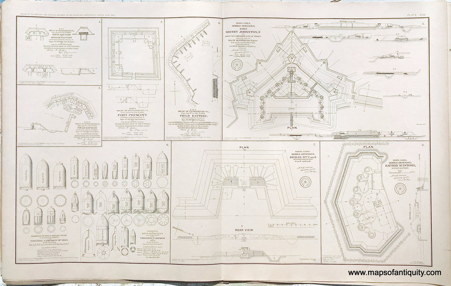 Antique-Lithograph-Print-Plate-107.-Four-maps-of-Siege-of-Petersburg-Va.-July-1864-/-Drawings-of-Rifle-Projectiles-in-the-Virginia-Campaign-of-1864-/-Mobile-Defenses-Fort-Sidney-Johnston-N.-/-Mobile-(AL)-Defenses-Battery-McIntosh-water-battery-/-Mobile-Defenses-Redan-Nos.-7-and-8.-1893-US-War-Dept.-Civil-War-Civil-War-1800s-19th-century-Maps-of-Antiquity