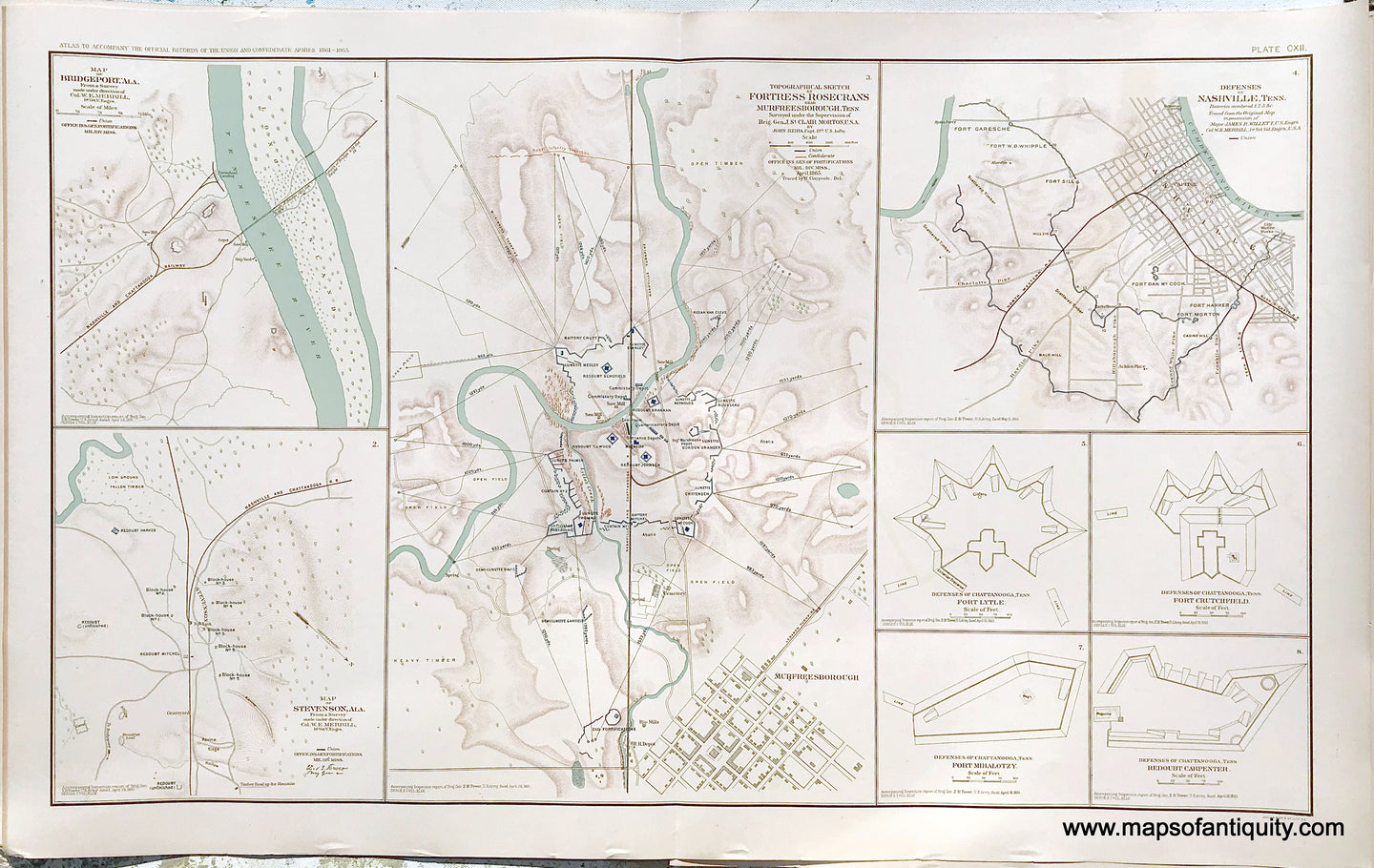 Antique-Lithograph-Print-Plate-112.-Bridgeport-Ala.-/-Stevenson-Ala.-/-Sketch-of-Fortress-Rosecrans-near-Murfreesborough-Tenn.-April-1865-/-Defenses-of-Nashville-Tenn.-/-plus-4-plans-of-the-Defenses-of-Chattanooga-Tenn.-1893-US-War-Dept.-Civil-War-Civil-War-1800s-19th-century-Maps-of-Antiquity