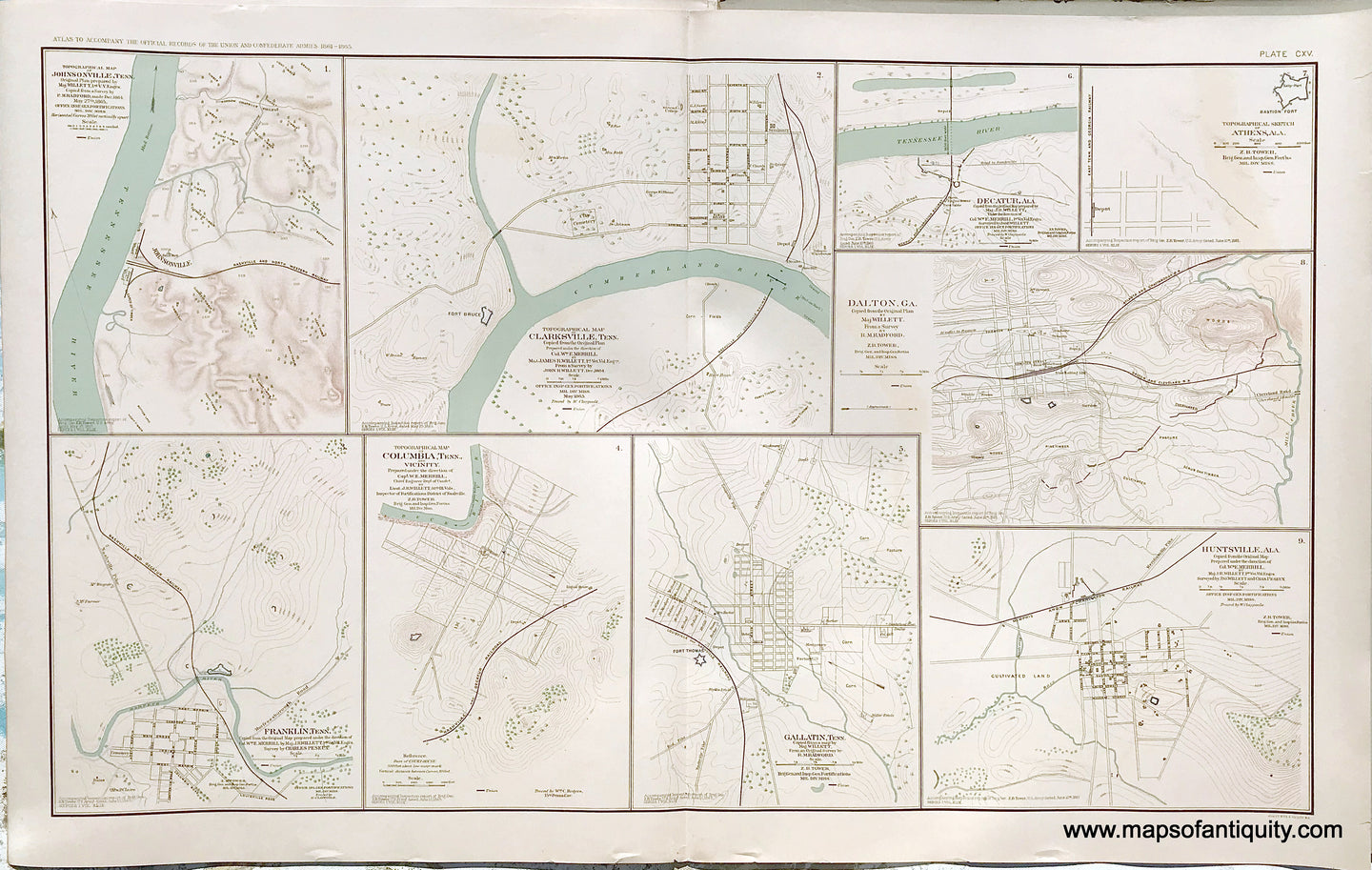 Antique-Lithograph-Print-Plate-115.-Johnsonville-Tenn.-/-Clarksville-Tenn.-May-1865-/-Franklin-Tenn.-/-Columbia-Tenn.-and-vicinity-/-Gallatin-Tenn.-/-Dalton-Ga.-/-Huntsville-Ala.-plus-2-smaller-maps.-1893-US-War-Dept.-Civil-War-Civil-War-1800s-19th-century-Maps-of-Antiquity