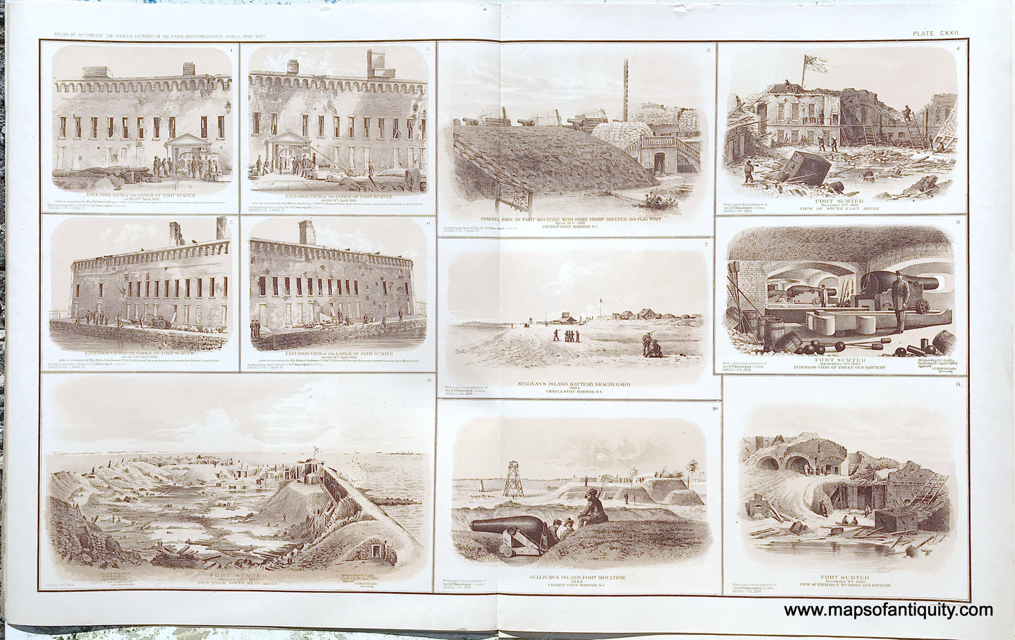 Antique-Lithograph-Print-Plate-122.-Eleven-photographic-views---eight-of-Fort-Sumter-three-of-Fort-Moultrie-and-Battery-Beauregard-Charleston-S.C.-1864.-1894-US-War-Dept.-Civil-War-Civil-War-1800s-19th-century-Maps-of-Antiquity