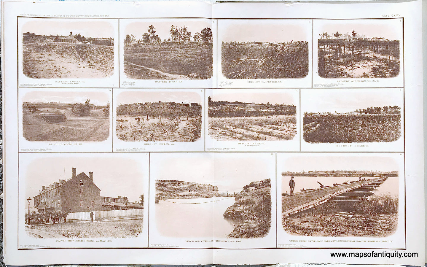 Antique-Lithograph-Print-Plate-125.-Eight-photographic-views-of-Batteries-and-Redoubts-in-Va..-Three-photographic-views-of-Castle-Thunder-Richmond-Va.-May-1865-Dutch-Gap-Canal-as-finished-April-1865-and-Pontoon-Bridge-on-the-James-River.-1894-US-War-Dept.-Civil-War-Civil-War-1800s-19th-century-Maps-of-Antiquity