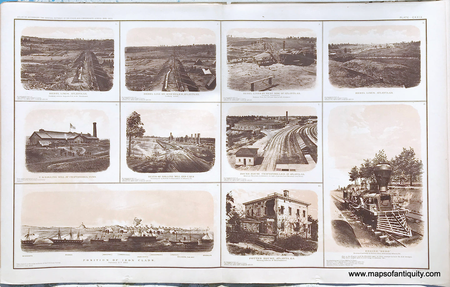 Antique-Lithograph-Print-Plate-129.-Four-photographic-views-of-Rebel-Lines-in-Atlanta-Ga.-/-Views-of-U.S.-Rolling-Mill-at-Chattanooga-Tenn.-/-Ruins-of-Rolling-Mill-and-Cars-/-Round-House-Chattanooga-R.R.-at-Atlanta-Ga.-/-Potter-House-Ga.-/-Engine--/-Panoramic-view-of-Position-of-Iron-Clads-January-15th-1865.--1894-US-War-Dept.-Civil-War-Civil-War-1800s-19th-century-Maps-of-Antiquity