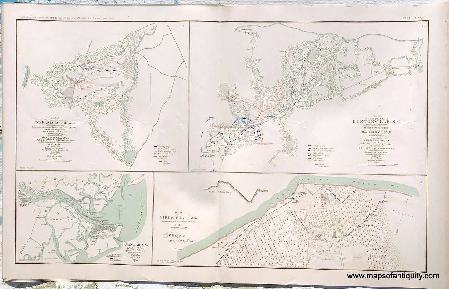 Antique-Lithograph-Print-Plate-133.-The-Battle-of-Averasborough-NC-/-The-Battle-of-Bentonville-NC.-/-Savannah-GA.-March-30-1862-/-Bird's-Point-Missouri-1861.-1894-US-War-Dept.-Civil-War-Civil-War-1800s-19th-century-Maps-of-Antiquity